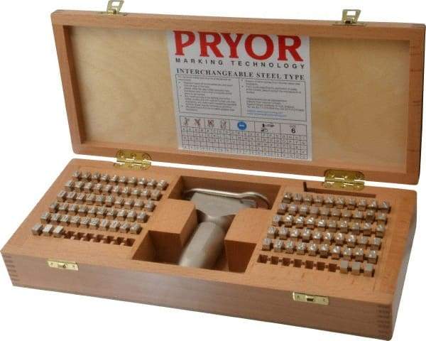 Pryor - 106 Piece, 1/4 Inch Character, Hardened Steel Type Set - 6 Character Capacity - USA Tool & Supply