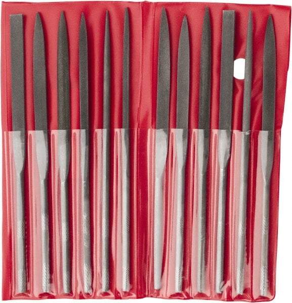 Value Collection - 12 Piece Swiss Pattern File Set - 6-1/4" Long, 2 Coarseness, Round Handle, Set Includes Barrette, Crossing, Equalling, Flat, Half Round, Knife, Round, Round Edge Joint, Slitting, Square, Three Square - USA Tool & Supply