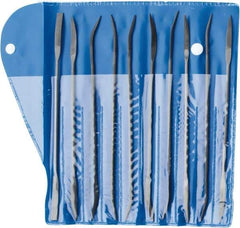 Value Collection - 10 Piece Swiss Pattern File Set - 7" Long, 2 Coarseness, Die Sinker's Handle, Set Includes Barrette, Crossing, Equalling, Flat, Half Round, Knife, Round, Round Edge Joint, Slitting, Square, Three Square - USA Tool & Supply