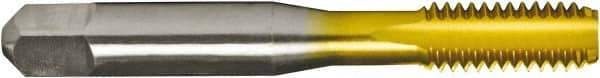 Made in USA - 9/16-18 UNF 2/3B 4 Flute TiN Finish High Speed Steel Straight Flute Standard Hand Tap - Bottoming, Right Hand Thread, 3-19/32" OAL, 1-21/32" Thread Length, H3 Limit, Oversize - Exact Industrial Supply