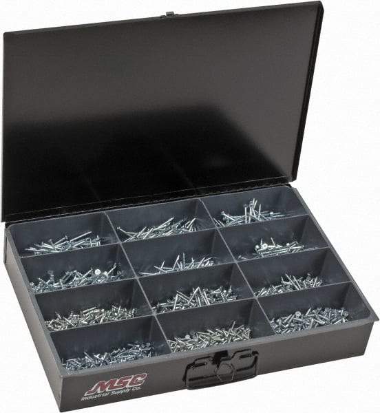 Value Collection - 1,640 Piece, #6x5/8 to #8x3, Steel Wood Screw Assortment - Flat Head, Phillips Drive, 5/8 to 3" Long, Zinc-Plated Finish - USA Tool & Supply