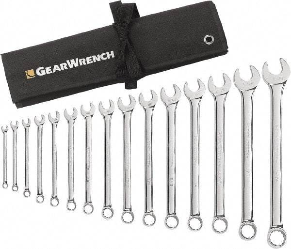 GearWrench - 15 Piece, 5/16" to 1-1/4", 12 Point Combination Wrench Set - Inch Measurement Standard, Chrome Finish, Comes in Roll - USA Tool & Supply