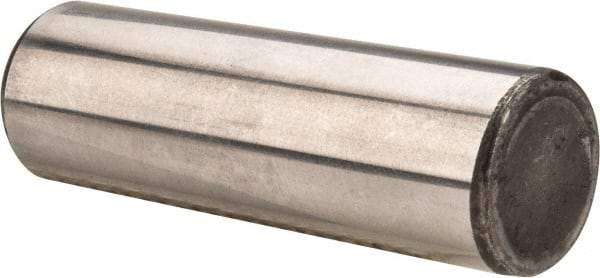 Made in USA - 5/8" Diam x 2" Pin Length Grade 8 Alloy Steel Standard Dowel Pin - Bright Finish, C 47-58 & C 60 (Surface) Hardness, 46,000 Lb (Single Shear), 92,000 Lb (Double Shear) Breaking Strength, 1 Beveled & 1 Rounded End - USA Tool & Supply