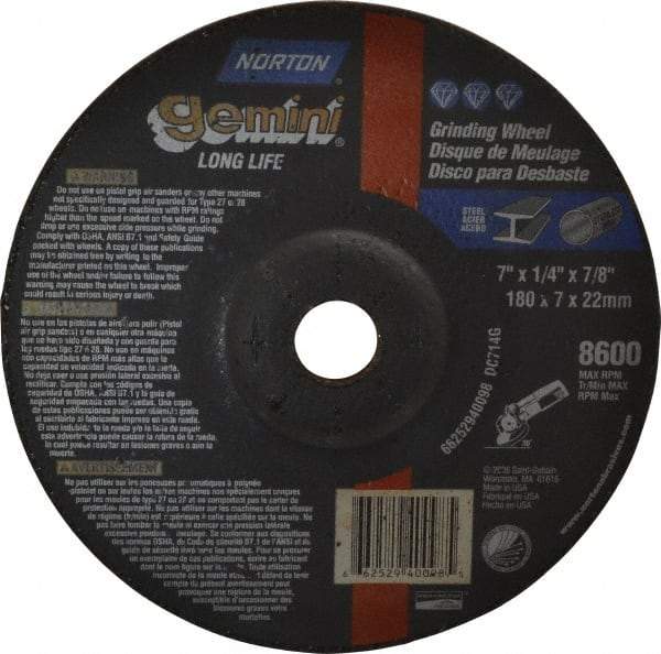 Norton - 7" Wheel Diam, 1/4" Wheel Thickness, 7/8" Arbor Hole, Type 27 Depressed Center Wheel - Aluminum Oxide, 8,600 Max RPM, Compatible with Angle Grinder - USA Tool & Supply