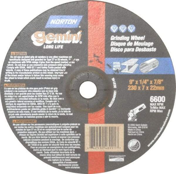 Norton - 9" Wheel Diam, 1/4" Wheel Thickness, 7/8" Arbor Hole, Type 27 Depressed Center Wheel - Aluminum Oxide, 6,600 Max RPM, Compatible with Angle Grinder - USA Tool & Supply