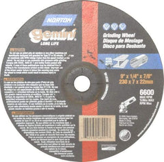 Norton - 9" Wheel Diam, 1/4" Wheel Thickness, 7/8" Arbor Hole, Type 27 Depressed Center Wheel - Aluminum Oxide, 6,600 Max RPM, Compatible with Angle Grinder - USA Tool & Supply