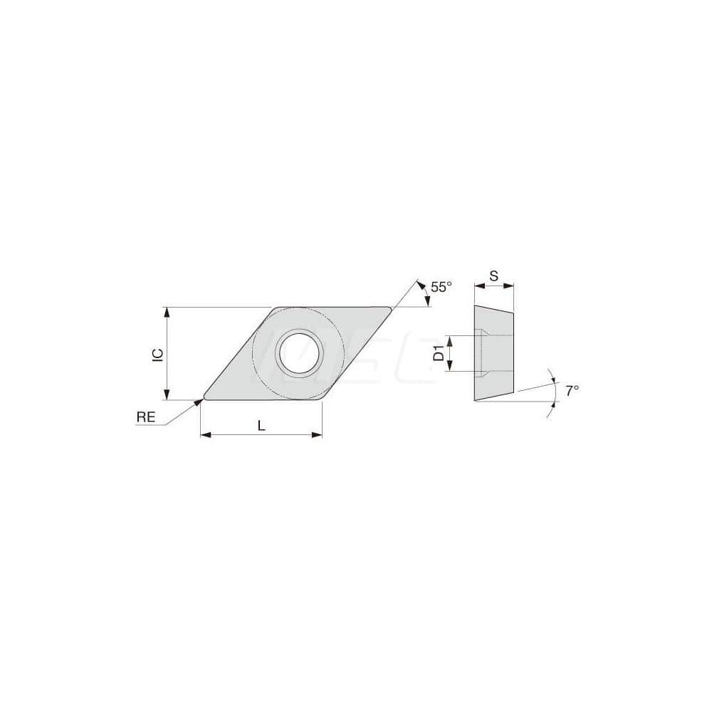 Turning Insert:  DCMW32.51 T5115,  Solid Carbide TiCN, Al2O3 & TiN Finish,  Neutral,  3/8″ Inscribed Circle,  0.0160″ Corner Radius,  55.0 &deg N/A Diamond,  Series  DCMW
