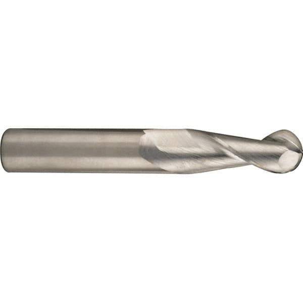 SGS - 25mm Diam, 44mm LOC, 2 Flute Solid Carbide Ball End Mill - Uncoated, Single End, 104mm OAL, 25mm Shank Diam, Spiral Flute - USA Tool & Supply
