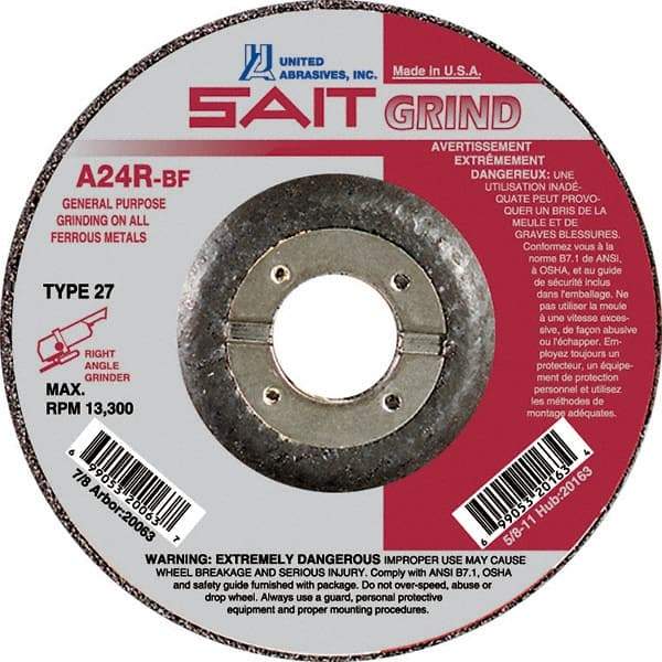 Sait - 24 Grit, 7" Wheel Diam, 1/4" Wheel Thickness, 7/8" Arbor Hole, Type 27 Depressed Center Wheel - Aluminum Oxide, Resinoid Bond, R Hardness, 8,500 Max RPM, Compatible with Angle Grinder - USA Tool & Supply