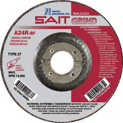 Sait - 24 Grit, 4" Wheel Diam, 1/4" Wheel Thickness, 5/8" Arbor Hole, Type 27 Depressed Center Wheel - Aluminum Oxide, Resinoid Bond, R Hardness, 13,500 Max RPM, Compatible with Angle Grinder - USA Tool & Supply