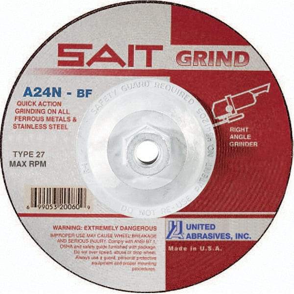 Sait - 24 Grit, 5" Wheel Diam, 1/4" Wheel Thickness, Type 27 Depressed Center Wheel - Aluminum Oxide, Resinoid Bond, N Hardness, 12,200 Max RPM, Compatible with Angle Grinder - USA Tool & Supply