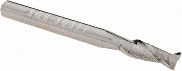 SGS - 1/8", 3/8" LOC, 1/8" Shank Diam, 1-1/2" OAL, 2 Flute, Solid Carbide Square End Mill - Single End, Uncoated, Spiral Flute, 30° Helix, Centercutting, Right Hand Cut, Right Hand Flute, Series 3 - USA Tool & Supply