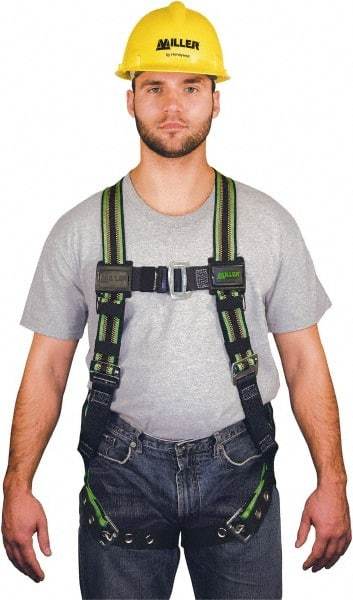 Miller - 400 Lb Capacity, Size Universal, Full Body Construction Safety Harness - Elastomer, Tongue Leg Strap, Mating Chest Strap, Green/Black - USA Tool & Supply