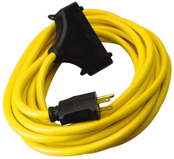 Southwire - 25', 12/3 Gauge/Conductors, Yellow Outdoor Extension Cord - 1 Receptacle, 15 Amps, 125 VAC, UL SJTW, NEMA 5-15P, 5-15R - USA Tool & Supply