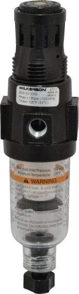 Wilkerson - 1/4" NPT Port Miniature 1 Piece Filter/Regulator FRL Unit - Polycarbonate Bowl, 18 SCFM, 150 Max psi, 6.21" High, Manual Drain - USA Tool & Supply