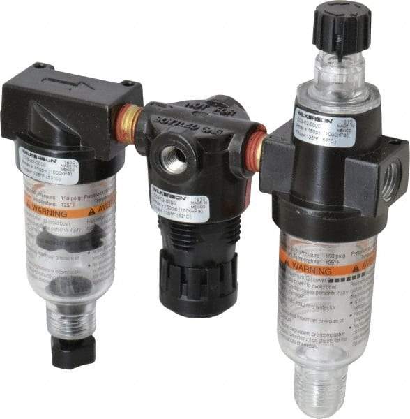 Wilkerson - 1/4" NPT Port Miniature 3 Piece Filter-Regulator-Lubricator FRL Unit - Polycarbonate Bowl, 20 SCFM, 150 Max psi, 5.98" High, Manual Drain - USA Tool & Supply