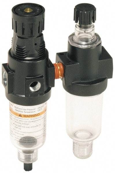 Wilkerson - 1/4" NPT Port Miniature 2 Piece Filter/Regulator-Lubricator FRL Unit - Polycarbonate Bowl, 20 SCFM, 150 Max psi, 6.21" High, Manual Drain - USA Tool & Supply