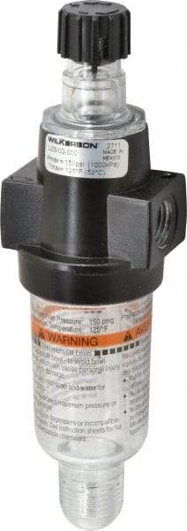 Wilkerson - 1/4 NPT Port, 150 Max psi, Miniature Lubricator - Polycarbonate Bowl, Zinc Body, 20 CFM, 125°F Max, 1.73" Wide x 5.8" High - USA Tool & Supply