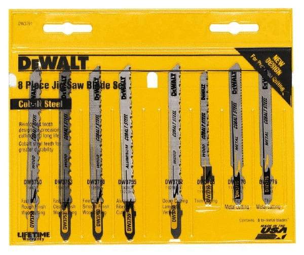 DeWALT - 8 Piece, 3" to 4" Long, 6 to 26 Teeth per Inch, Jig Saw Blade Set - T-Shank - USA Tool & Supply