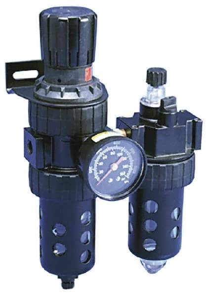 Parker - 1/2" NPT Port Standard 2 Piece Filter/Regulator-Lubricator FRL Unit - Polycarbonate Bowl, 90 SCFM, 150 Max psi, 11.76" High, Manual Drain - USA Tool & Supply