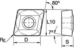 Kennametal - CCMX21.51 Grade KC725M Carbide Milling Insert - TiN/TiCN/TiN Finish, 3/32" Thick, 1/4" Inscribed Circle, 0.4mm Corner Radius - USA Tool & Supply
