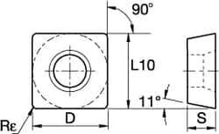 Kennametal - SPCW432 T Grade KC725M Carbide Milling Insert - TiN/TiCN/TiN Finish, 3/16" Thick, 1/2" Inscribed Circle, 0.8mm Corner Radius - USA Tool & Supply