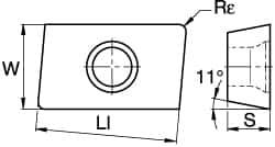 Kennametal - APFX1604 Grade KCK15 Carbide Milling Insert - TiN/TiCN/Al2O3 Finish, 3/16" Thick, 0.8mm Corner Radius - USA Tool & Supply