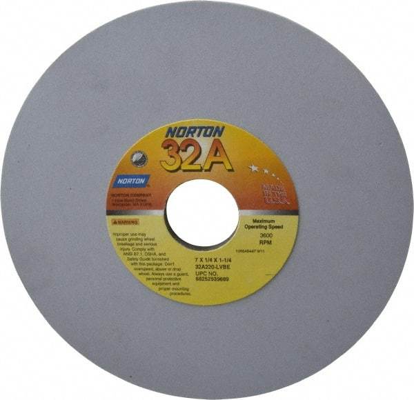 Norton - 7" Diam x 1-1/4" Hole x 1/4" Thick, L Hardness, 220 Grit Surface Grinding Wheel - Aluminum Oxide, Type 1, Very Fine Grade, 3,600 Max RPM, Vitrified Bond, No Recess - USA Tool & Supply