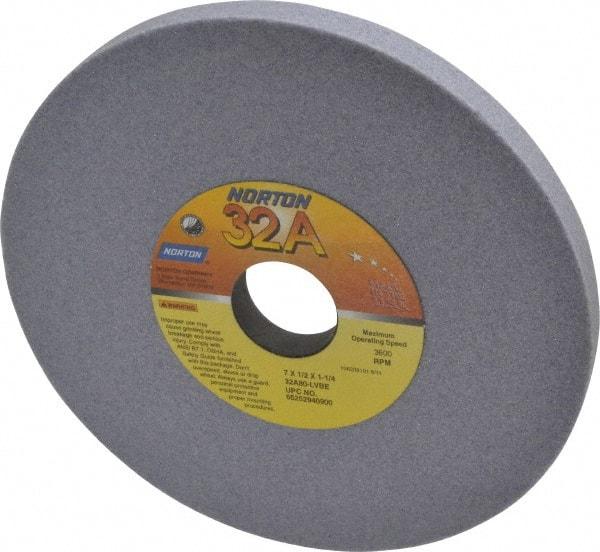 Norton - 7" Diam x 1-1/4" Hole x 1/2" Thick, L Hardness, 80 Grit Surface Grinding Wheel - Aluminum Oxide, Type 1, Medium Grade, 3,600 Max RPM, Vitrified Bond, No Recess - USA Tool & Supply