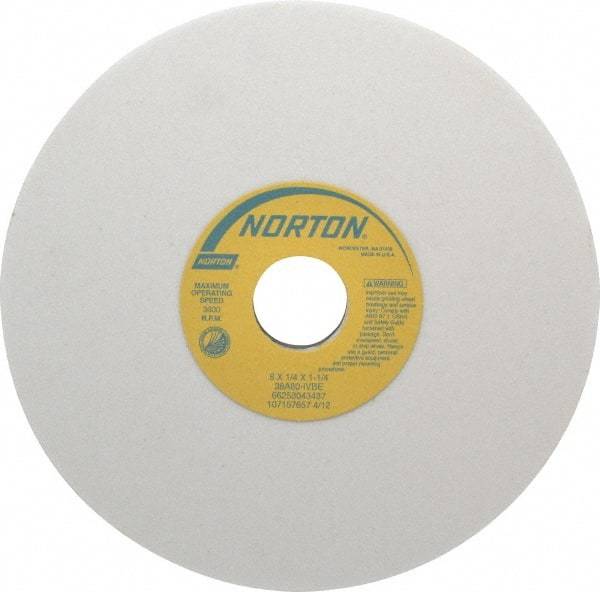 Norton - 8" Diam x 1-1/4" Hole x 1/4" Thick, I Hardness, 80 Grit Surface Grinding Wheel - Aluminum Oxide, Type 1, Medium Grade, 3,600 Max RPM, Vitrified Bond, No Recess - USA Tool & Supply