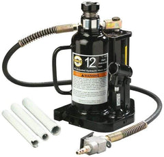 Omega Lift Equipment - 12 Ton Capacity Air-Actuated Bottle Jack - 9-1/2" to 18-1/2" High, 6" Piston Stroke, 3-1/2" Screw Length, 1-3/4" Screw Diam, 1-3/4" Plunger Diam, 6-1/2" Wide Base - USA Tool & Supply