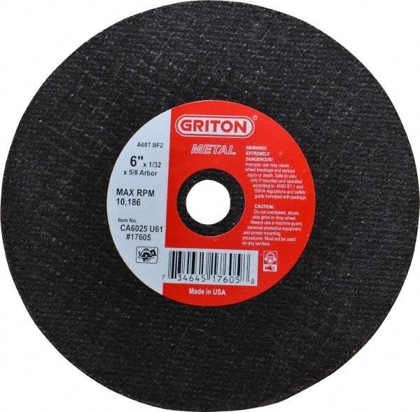 Value Collection - 6" 60 Grit Aluminum Oxide Cutoff Wheel - 1/32" Thick, 5/8" Arbor, 10,186 Max RPM, Use with Circular Saws - USA Tool & Supply