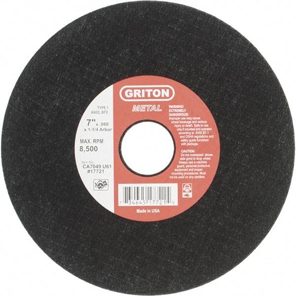 Made in USA - 7" 60 Grit Aluminum Oxide Cutoff Wheel - 0.06" Thick, 1-1/4" Arbor, 8,732 Max RPM, Use with Stationary Tools - USA Tool & Supply