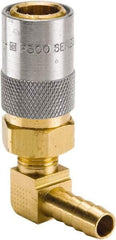 Parker - Nonthreaded Brass Hydraulic Hose Hose Barb Coupler & 90° Fitting - 200 psi, 6 GPM, 3/8" Hose Diam, Series Moldmate - USA Tool & Supply