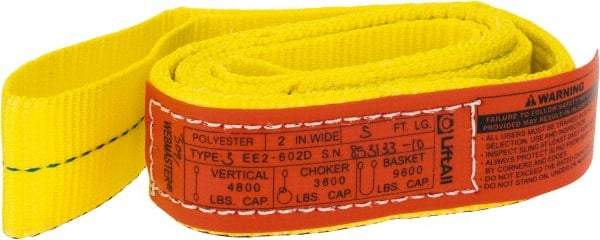 Lift-All - 5' Long x 2" Wide, 4,800 Lb Vertical Capacity, 2 Ply, Nylon Web Sling - 3,800 Lb Choker Capacity, Yellow - USA Tool & Supply
