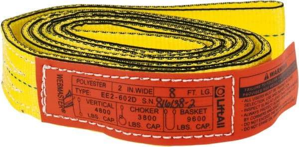 Lift-All - 8' Long x 2" Wide, 4,800 Lb Vertical Capacity, 2 Ply, Nylon Web Sling - 3,800 Lb Choker Capacity, Yellow - USA Tool & Supply