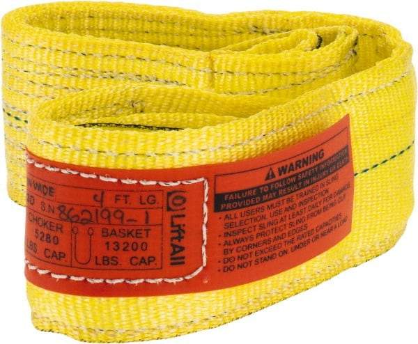 Lift-All - 4' Long x 3" Wide, 6,600 Lb Vertical Capacity, 2 Ply, Nylon Web Sling - 5,200 Lb Choker Capacity, Yellow - USA Tool & Supply