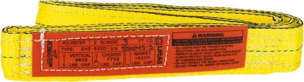 Lift-All - 3' Long x 2" Wide, 9,600 Lb Vertical Capacity, 2 Ply, Nylon Web Sling - 7,700 Lb Choker Capacity, Yellow - USA Tool & Supply