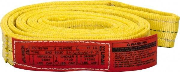 Lift-All - 6' Long x 2" Wide, 9,600 Lb Vertical Capacity, 2 Ply, Nylon Web Sling - 7,700 Lb Choker Capacity, Yellow - USA Tool & Supply