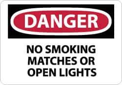 NMC - "Danger - No Smoking, Matches or Open Lights", 7" Long x 10" Wide, Aluminum Safety Sign - Rectangle, 0.04" Thick, Use for Accident Prevention - USA Tool & Supply