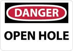 NMC - "Danger - Open Hole", 10" Long x 14" Wide, Pressure-Sensitive Vinyl Safety Sign - Rectangle, 0.004" Thick, Use for Accident Prevention - USA Tool & Supply