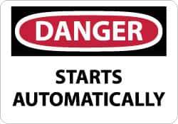 NMC - Accident Prevention Label, Header: DANGER - Legend: Danger - Starts Automatically, English, Red, Black & White, 5" Long x 3" High, Sign Muscle Finish - USA Tool & Supply