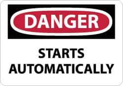 NMC - Accident Prevention Label, Header: DANGER - Legend: Danger - Starts Automatically, English, Red, Black & White, 5" Long x 3" High, Sign Muscle Finish - USA Tool & Supply
