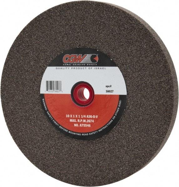 Camel Grinding Wheels - 36 Grit Aluminum Oxide Bench & Pedestal Grinding Wheel - 10" Diam x 1-1/4" Hole x 1" Thick, 2483 Max RPM, O Hardness, Very Coarse Grade , Vitrified Bond - USA Tool & Supply