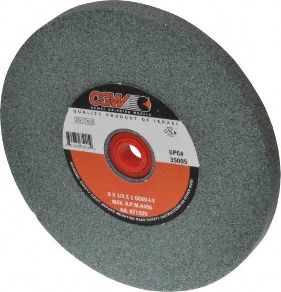 Camel Grinding Wheels - 60 Grit Silicon Carbide Bench & Pedestal Grinding Wheel - 6" Diam x 1" Hole x 1/2" Thick, 4456 Max RPM, I Hardness, Medium Grade , Vitrified Bond - USA Tool & Supply