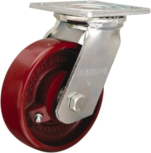 Hamilton - 5" Diam x 1-1/2" Wide x 6-1/8" OAH Top Plate Mount Swivel Caster - Cast Iron, 550 Lb Capacity, Straight Roller Bearing, 4 x 4-1/2" Plate - USA Tool & Supply