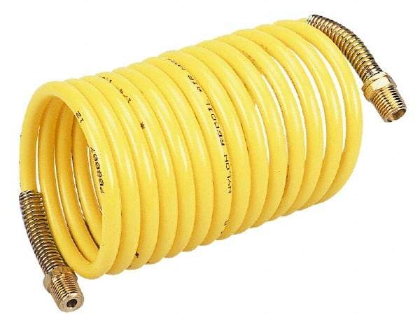 Coilhose Pneumatics - 3/8" ID, 3/8 Thread, 25' Long, Yellow Nylon Coiled & Self Storing Hose - 165 Max psi, Male Rigid x Male Swivel - USA Tool & Supply