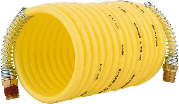 Coilhose Pneumatics - 1/4" ID, 1/4 Thread, 12' Long, Yellow Nylon Coiled & Self Storing Hose - 185 Max psi, Male Rigid x Male Swivel - USA Tool & Supply