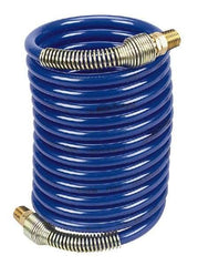 Coilhose Pneumatics - 1/4" ID, 1/4 Thread, 12' Long, Blue Nylon Coiled & Self Storing Hose - 220 Max psi, Male Swivel x Male Swivel - USA Tool & Supply