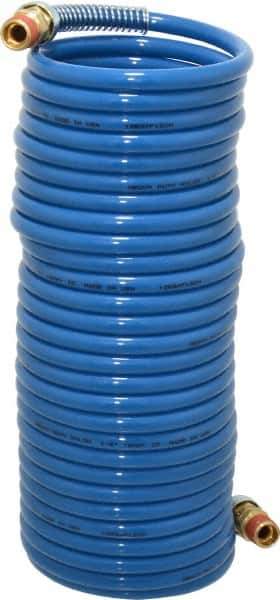 Coilhose Pneumatics - 1/4" ID, 1/4 Thread, 25' Long, Blue Nylon Coiled & Self Storing Hose - 220 Max psi, Male Swivel x Male Swivel - USA Tool & Supply